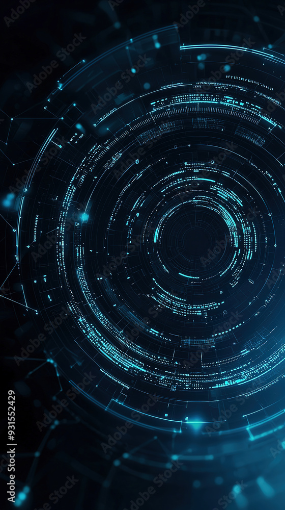 Obraz premium Futuristic, digital art-style background with a dark blue and teal color palette. A series of circles in the center, each containing different data or information elements like numbers