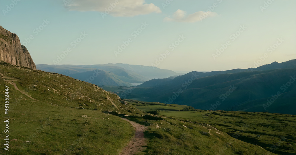 Naklejka premium Hiking trail winding through lush green valley in the mountains