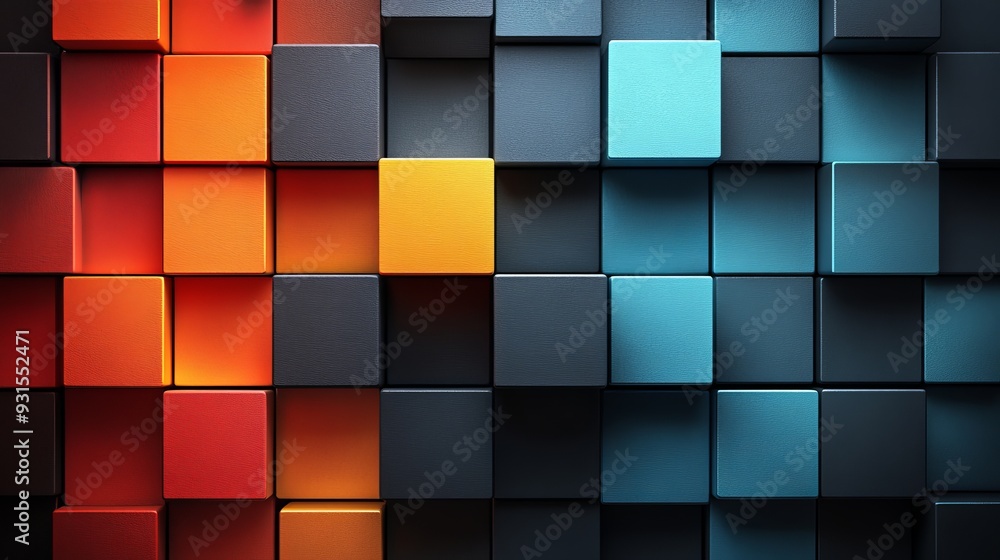 A colorful wall made of blocks with a blue square in the middle A colorful wall made of blocks with a blue square in the middle