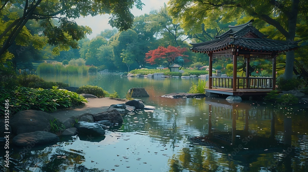 Japanese Hill and Pond at the Brooklyn Botanical Garden : Generative AI
