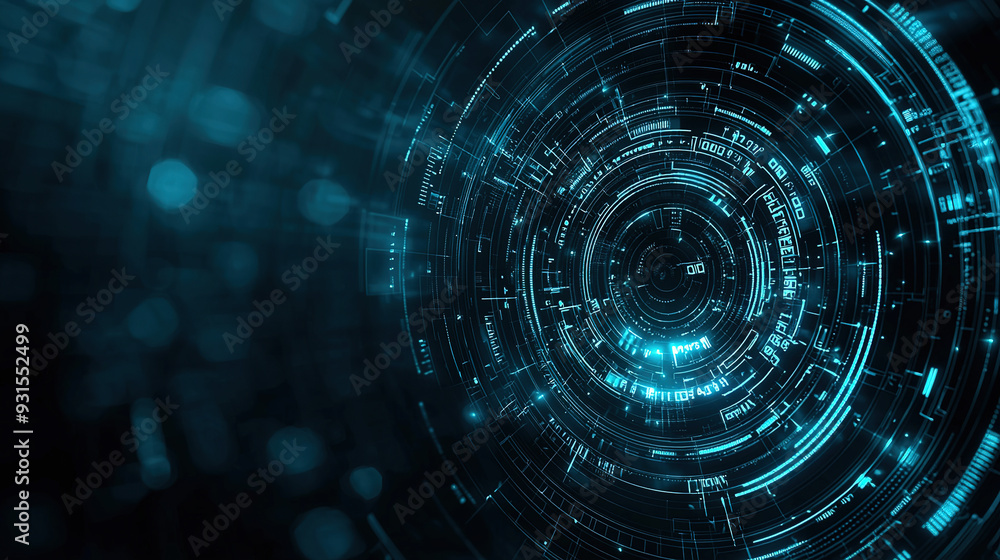 Futuristic, digital art-style background with a dark blue and teal color palette. A series of circles in the center, each containing different data or information elements like numbers Futuristic, digital art-style background with a dark blue and teal color palette. A series of circles in the center, each containing different data or information elements like numbers