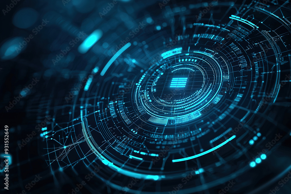 Futuristic, digital art-style background with a dark blue and teal color palette. A series of circles in the center, each containing different data or information elements like numbers Futuristic, digital art-style background with a dark blue and teal color palette. A series of circles in the center, each containing different data or information elements like numbers
