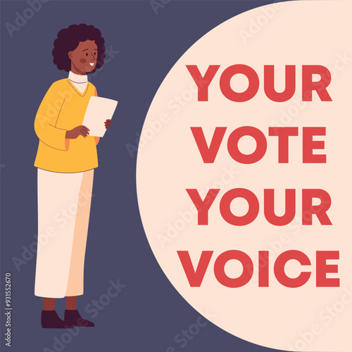 Minimalist artwork showing a young, ethnic woman participating in a national election. The scene underlines the importance of voting and the role of diverse voices in democracy.