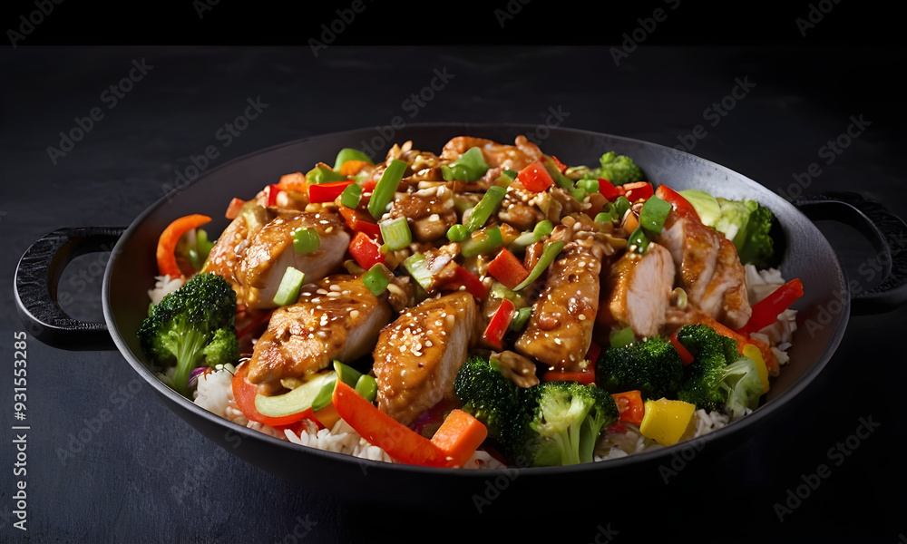 Delicious chicken breast with vegetables and rice on wok pan Delicious chicken breast with vegetables and rice on wok pan