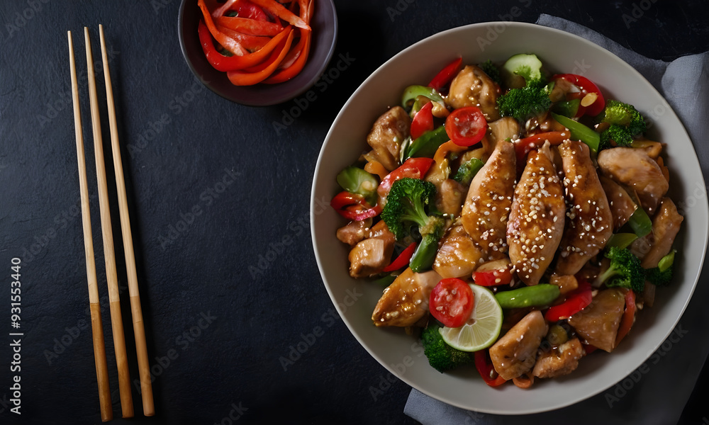Chicken and vegetable stir fry covered in sesame seeds on dark stone background Chicken and vegetable stir fry covered in sesame seeds on dark stone background