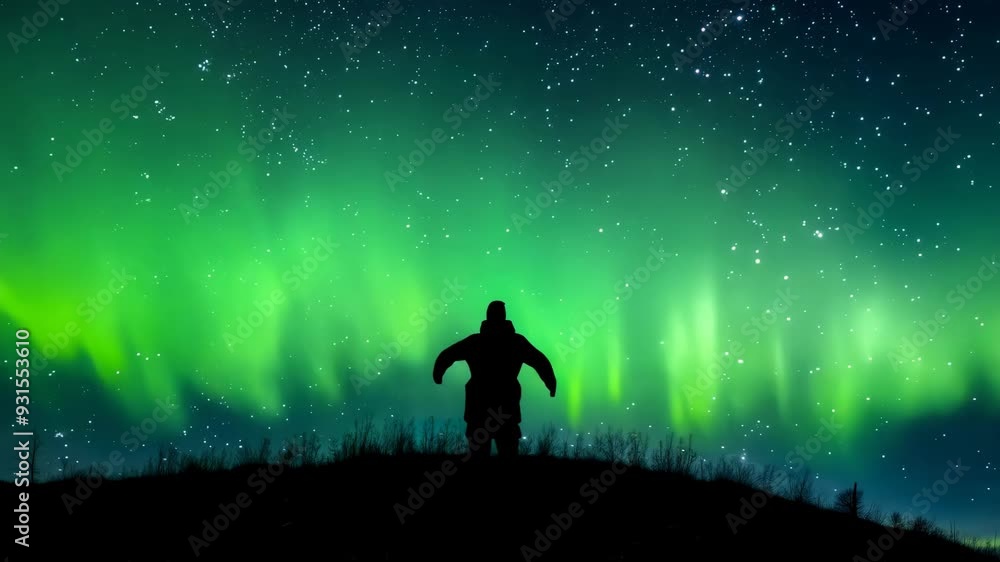 Person Gazing at Northern Lights from Hilltop Perspective Person Gazing at Northern Lights from Hilltop Perspective