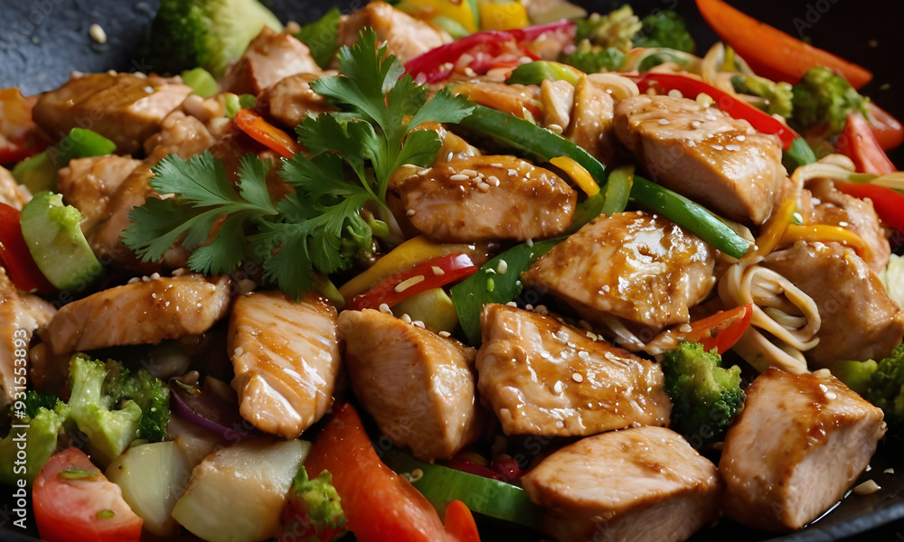 Wok with chicken and vegetables covered in sesame seeds Wok with chicken and vegetables covered in sesame seeds