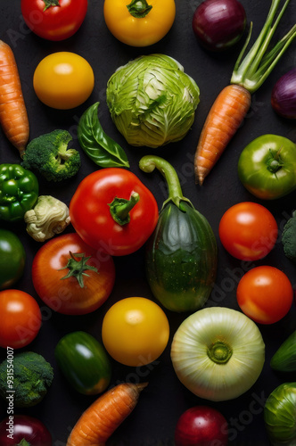 Vegetables on black background. Vertical seasonal harvest banner for menu or market. Natural organic pattern