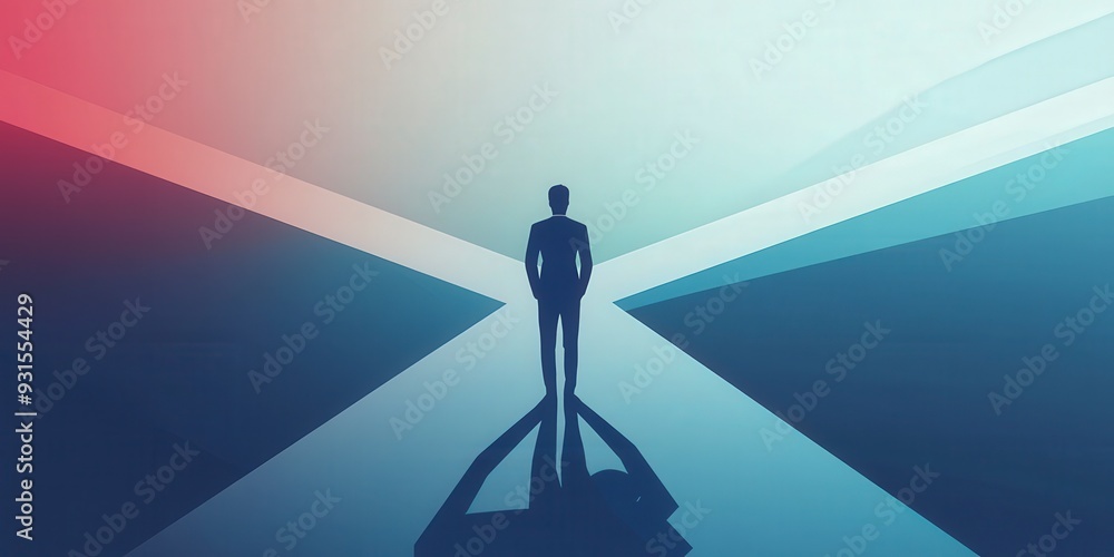 Abstract illustration of a solitary figure standing at the intersection of dynamic paths, symbolizing choices, decisions, and direction, ideal for concepts related to leaders Abstract illustration of a solitary figure standing at the intersection of dynamic paths, symbolizing choices, decisions, and direction, ideal for concepts related to leaders