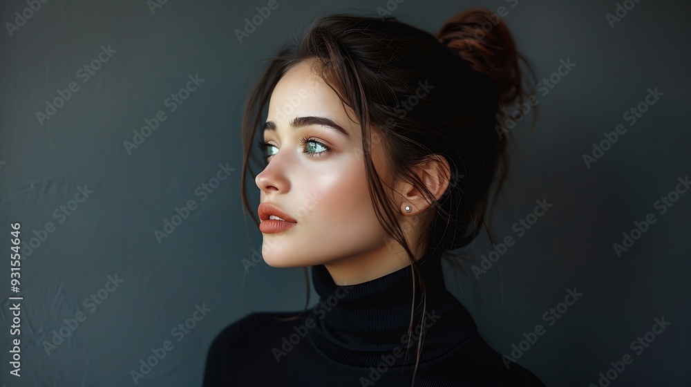 Art portrait woman in black turtleneck Hair high beam perfect profile face Elegant beauty style Earrings in the ears : Generative AI Art portrait woman in black turtleneck Hair high beam perfect profile face Elegant beauty style Earrings in the ears : Generative AI