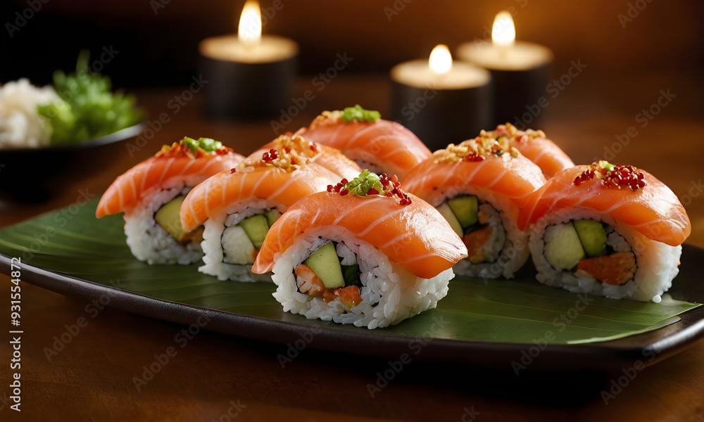 Delicious philadelphia sushi rolls with salmon and avocado decorated with sesame seeds resting on a plate Delicious philadelphia sushi rolls with salmon and avocado decorated with sesame seeds resting on a plate
