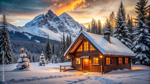 Rustic mountain cabin with snowy backdrop and warm light inside, creating a cozy atmosphere, rustic, mountain, cabin, snowy