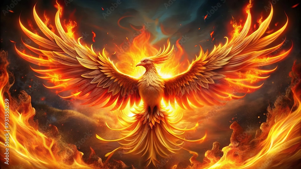 Fototapeta premium Majestic phoenix rising from flames, symbolizing rebirth and renewal, mythical bird, fire, rebirth, renewal, feathers