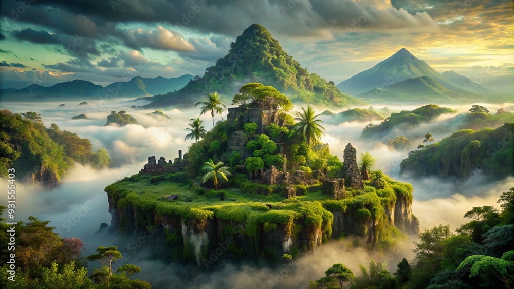 vibrant green lush forest tiny island volcanic peak misty atmospheric morning light mystical ancient ruins abandoned mysterious forgotten civilization exploration vibrant green lush forest tiny island volcanic peak misty atmospheric morning light mystical ancient ruins abandoned mysterious forgotten civilization exploration