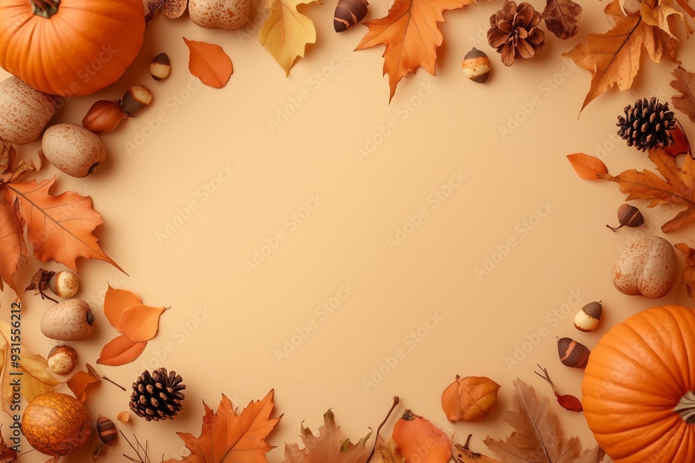 Autumn holiday frame from decorative pumpkins, dried foliage, berry, pinecones and acorns top view. Thanksgiving day, harvest, autumn and fall background top view. Autumn holiday frame from decorative pumpkins, dried foliage, berry, pinecones and acorns top view. Thanksgiving day, harvest, autumn and fall background top view.