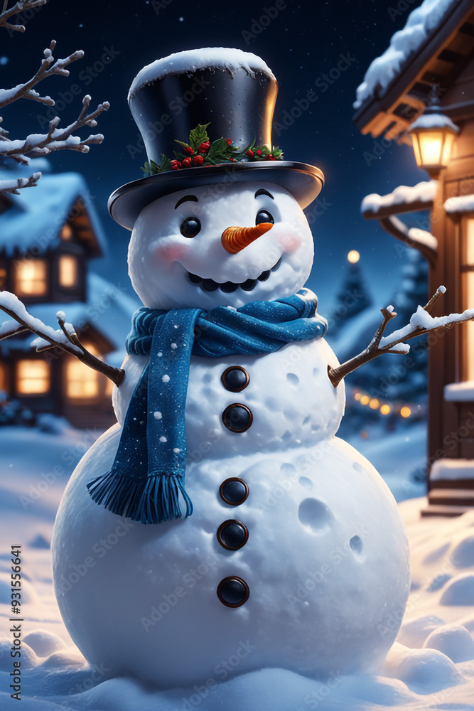 Obraz premium Snowman with winter landscape and snow high quality background