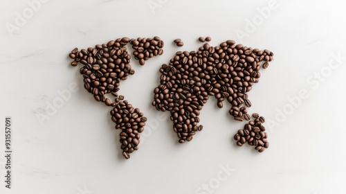 Artistic arrangement of coffee beans forming a world map, symbolizing global coffee culture and trade.