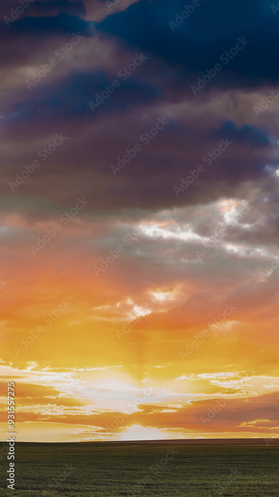 Fototapeta premium Spring Sunset Sky Above Countryside Rural Meadow Landscape. Wheat Field Under Sunny Spring Sky. Skyline. Agricultural Landscape With Growing Green Young Wheat Shoots, Wheat Germs.