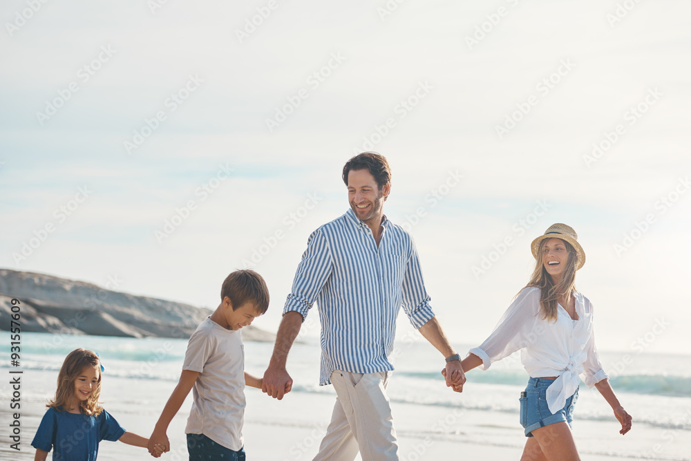 Family, beach and holding hands on vacation support with travel, love and care together by the sea. Happy, parents and kids in Greece walking by ocean on holiday with wellness, trust and security Family, beach and holding hands on vacation support with travel, love and care together by the sea. Happy, parents and kids in Greece walking by ocean on holiday with wellness, trust and security