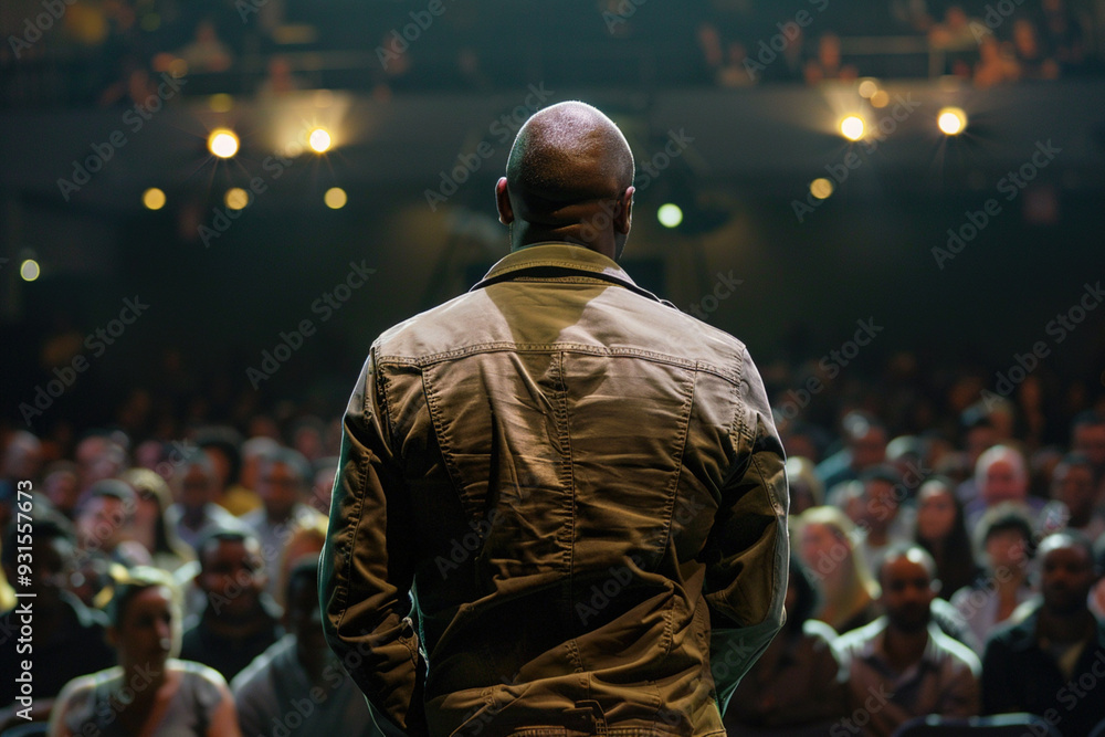 Senior African American view from the back of perfomer comedian singer at stand up show performance. Male artist performing on stage in front of a full hall of people crowd Senior African American view from the back of perfomer comedian singer at stand up show performance. Male artist performing on stage in front of a full hall of people crowd