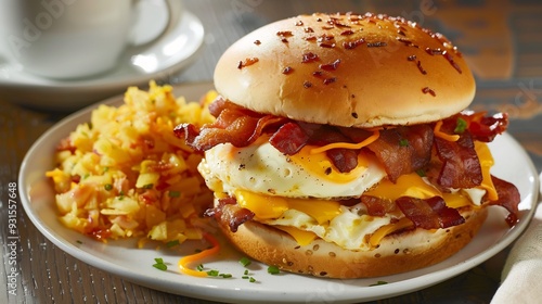 Savory bacon and egg breakfast sandwich served with a side of hash browns and coffee photo