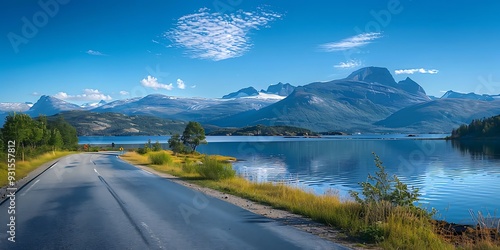 Tranquil scene of a road alongside a calm lake with mountains in the background