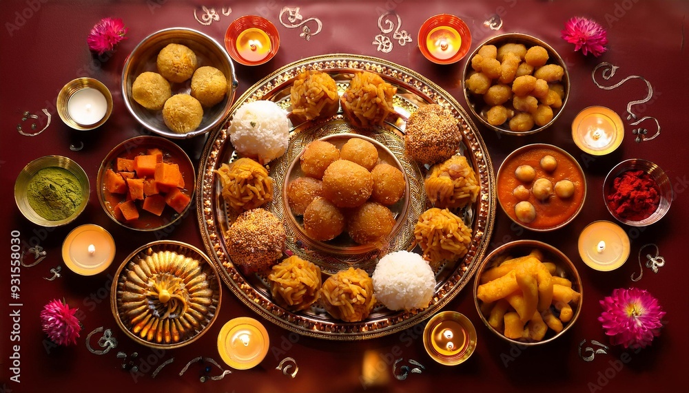 An array of traditional Diwali sweets and snacks like laddus, jalebis, and samosas arranged An array of traditional Diwali sweets and snacks like laddus, jalebis, and samosas arranged