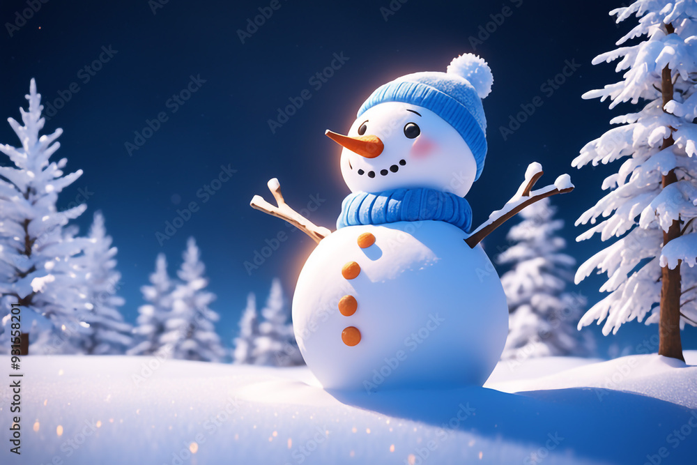 Fototapeta premium Snowman with winter landscape and snow high quality background