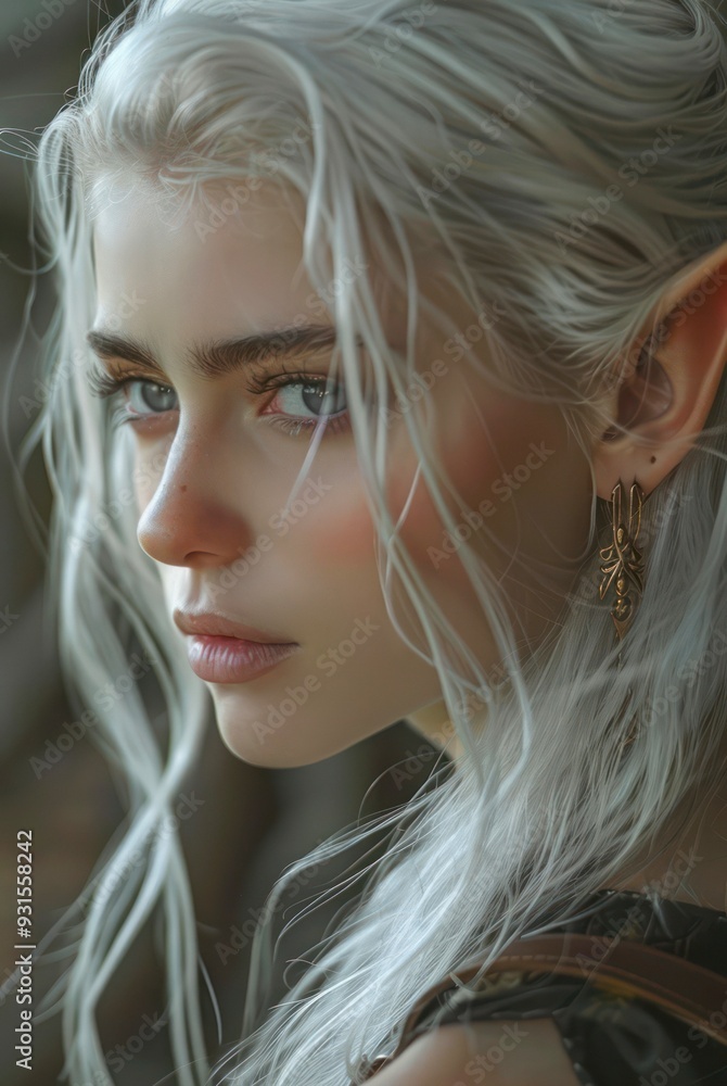 Beautiful elf woman with platinum blond hair and pointy ears. Beautiful elf woman with platinum blond hair and pointy ears.