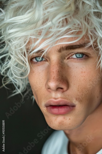 Portrait of a young handsome man with snow white wavy hair and blue eyes.