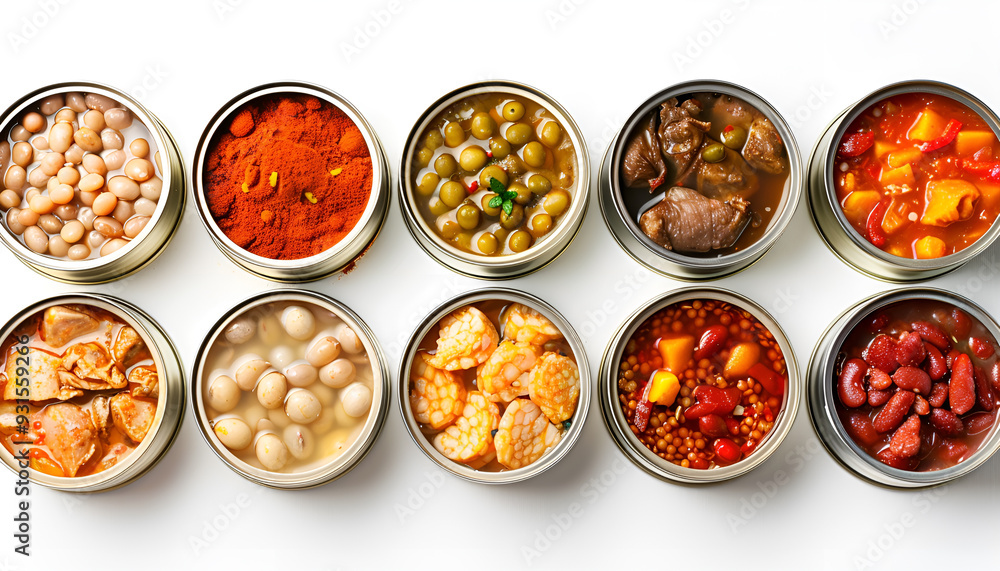 Open tin cans with different food on white background Open tin cans with different food on white background