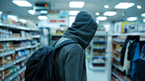 Man or boy in black hoodie in shop retail theft crime concept