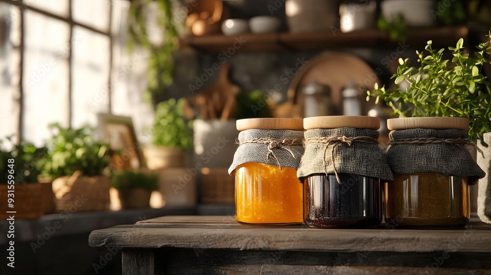 An innovative, green packaging solution for artisanal jams, using a reusable glass jar with a recycled fabric cover and a natural wooden lid, displayed in a softly lit, rustic kitchen backdrop, An innovative, green packaging solution for artisanal jams, using a reusable glass jar with a recycled fabric cover and a natural wooden lid, displayed in a softly lit, rustic kitchen backdrop,