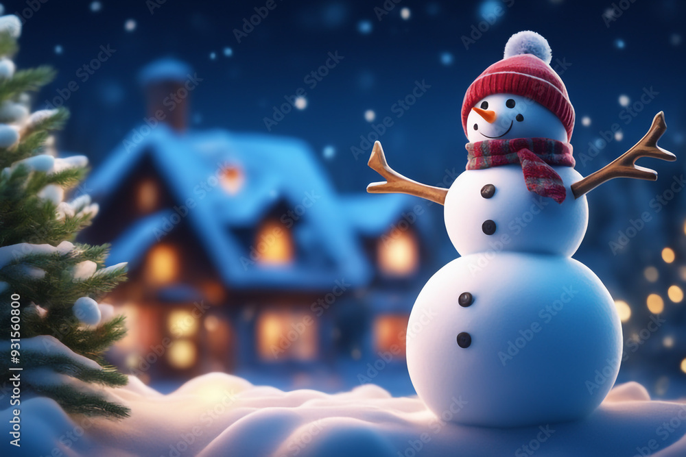 Obraz premium Snowman with winter landscape and snow high quality background