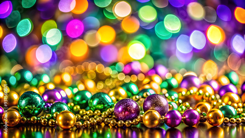 Colorful Mardi Gras beads, ideal for adding a touch of carnival cheer to any event.Close-up shot of vibrant Mardi Gras beads, showcasing their intricate details and festive appeal.