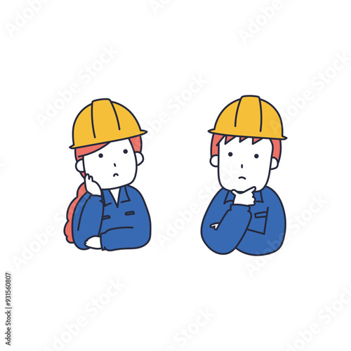 トラブルで困っているヘルメットを被った作業員の男女