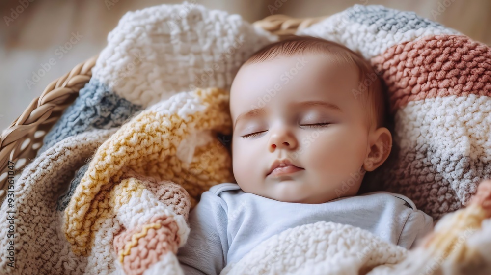 A baby is sleeping peacefully in a basket full of blankets.