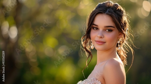 Beautiful bride with pearl earrings jewelry wears pink prom dress Outdoor romantic portrait of Attractive brunette woman with makeup and wedding hair style posing at park : Generative AI