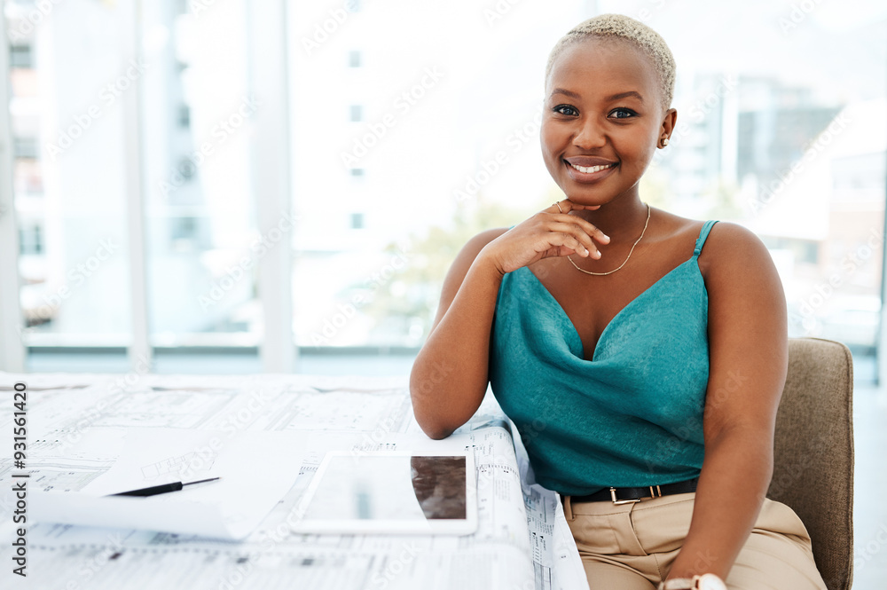 Happy, architecture and portrait of black woman at desk with paperwork, tablet and creative business planning. Blueprint, smile and designer in office with confidence in project management growth Happy, architecture and portrait of black woman at desk with paperwork, tablet and creative business planning. Blueprint, smile and designer in office with confidence in project management growth