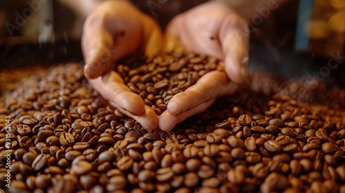 Grains of fresh coffee roasting in hands on the background of the roaster : Generative AI