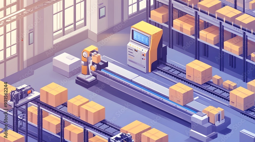 Isometric scene of a smart warehouse management system, conveyor belts moving packages under automated scanners, warm, natural light filtering through large windows, detailed textures on robotic arms Isometric scene of a smart warehouse management system, conveyor belts moving packages under automated scanners, warm, natural light filtering through large windows, detailed textures on robotic arms
