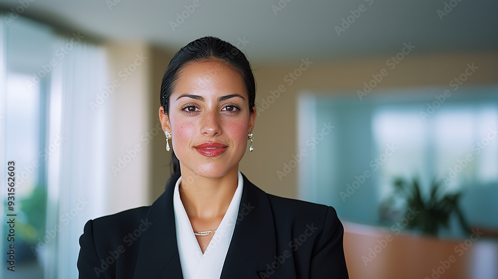 portrait of a confident young hispanic woman in black formal suit, professional receptionist portrait of a confident young hispanic woman in black formal suit, professional receptionist
