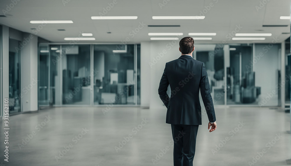 One man in a business suit walks in the middle of a spacious office generated in AI One man in a business suit walks in the middle of a spacious office generated in AI