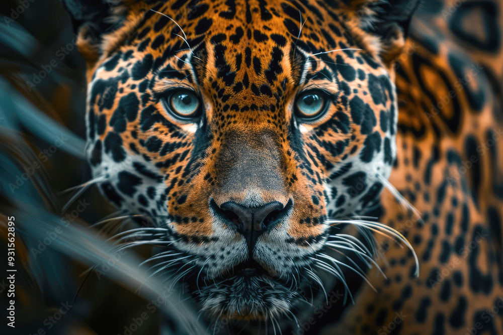 Close-up of a jaguar's intense gaze, highlighting its yellow fur and distinctive spots, set against a jungle backdrop Close-up of a jaguar's intense gaze, highlighting its yellow fur and distinctive spots, set against a jungle backdrop