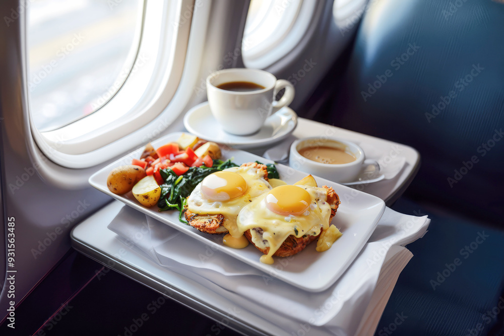 Business class airline breakfast meal with fried eggs served on a tray, featuring breakfast with coffee in a luxurious cabin