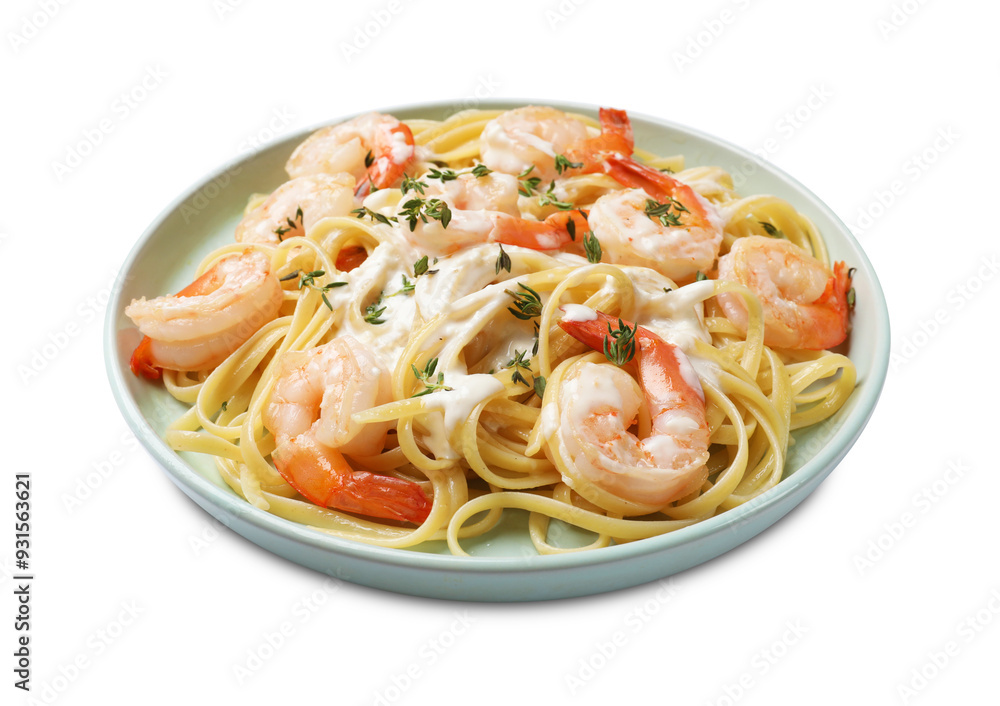 Delicious pasta with shrimps and creamy sauce isolated on white Delicious pasta with shrimps and creamy sauce isolated on white