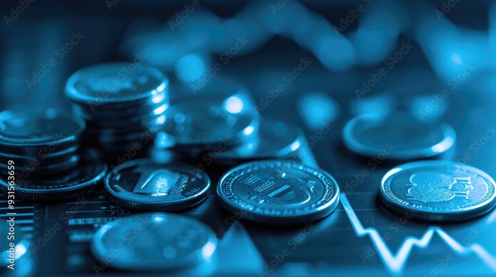 Stack of money coin and laptop computer with trading graph, financial investment concept with blue filter can be use as background Stack of money coin and laptop computer with trading graph, financial investment concept with blue filter can be use as background