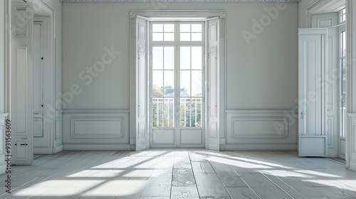 interior of bright empty room with doors entering to the balcony : Generative AI