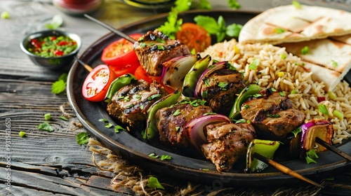 Savory kebab with perfectly grilled meat and vegetables served with a side of rice and pita bread photo