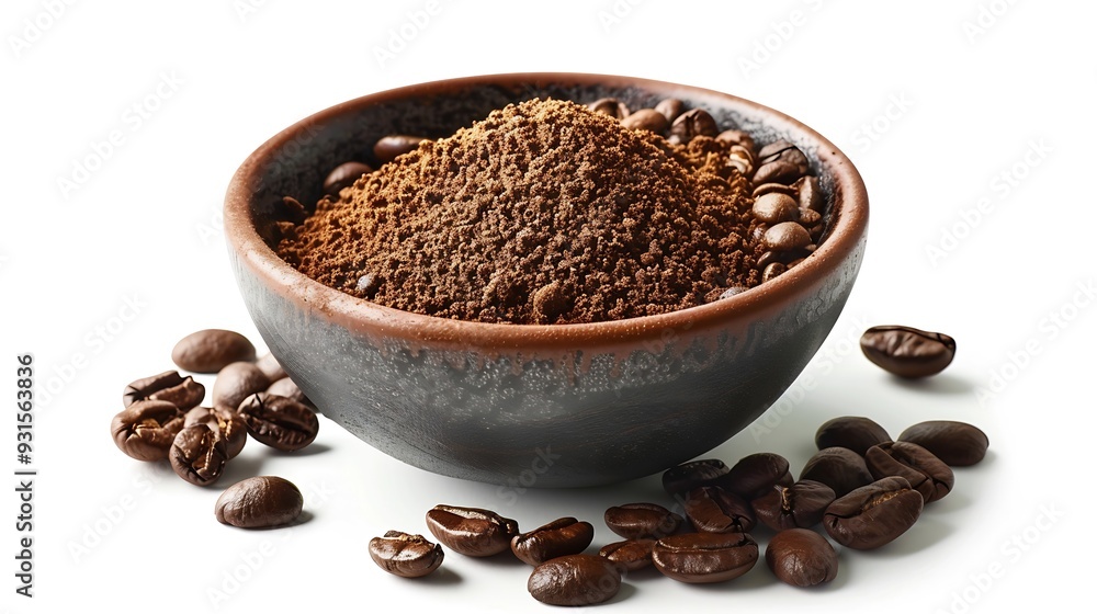Roasted coffee beans and ground coffee instant coffee in bowl isolated on white background : Generative AI Roasted coffee beans and ground coffee instant coffee in bowl isolated on white background : Generative AI
